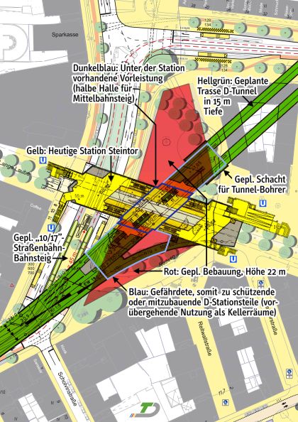 Überlagerung Plan „10/17” (SHP) mit Tunnelplan D-Linie (U-Bahn- Bauamt, 1992). Überlagerung Plan „10/17” (SHP) mit Tunnelplan D-Linie (U-Bahn- Bauamt, 1992).