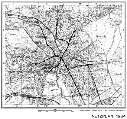 Netzplan 1964 mit drei Tunnelästen im Stadtzentrum Netzplan 1964 mit drei Tunnelästen im Stadtzentrum