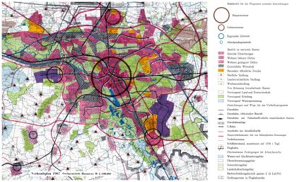 Verbandsplan 1967. Die geplanten Siedlungsgebiete Heisterberg und Kronsberg sind violett eingefärbt und werden als „Nebenzentrum” betitelt. Quelle: Urbanistica Verlag. Verbandsplan 1967. Die geplanten Siedlungsgebiete Heisterberg und Kronsberg sind violett eingefärbt und werden als „Nebenzentrum” betitelt. Quelle: Urbanistica Verlag.