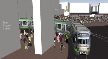 Visualisierung: Ecke an der Ernst-August-Galerie mit engen Gleisradien und nah vorbeifahrenden Bahnen Visualisierung: Ecke an der Ernst-August-Galerie mit engen Gleisradien und nah vorbeifahrenden Bahnen