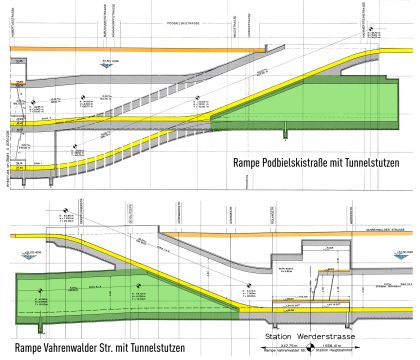 Längsschnitte Rampe Podbielskistraße (Plan A 206/204) und Rampe Vahrenwalder Str. (Plan B 212/219), 10-fach überhöht Längsschnitte Rampe Podbielskistraße (Plan A 206/204) und Rampe Vahrenwalder Str. (Plan B 212/219), 10-fach überhöht