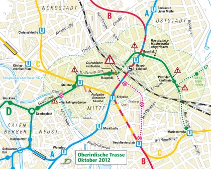 Karte der ursprünglichen oberirdischen Trassenplanung in Richtung Platz der Kaufleute Karte der ursprünglichen oberirdischen Trassenplanung in Richtung Platz der Kaufleute